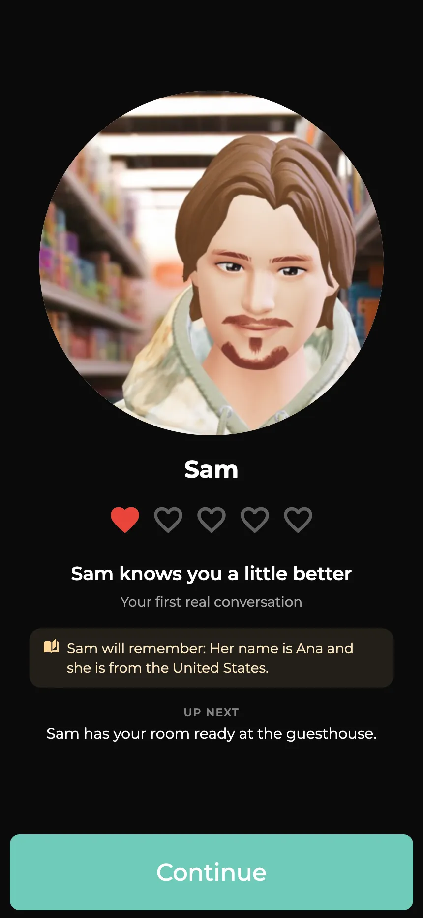 The end of a conversation in ConvoLive, showing what the character will remember about you